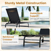 Outdoor chaise lounge chair with wheels, featuring a sturdy black metal frame and stable back support for relaxation.