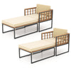 Patio acacia wood armchair with long ottoman and soft seat back cushions, ideal for backyard or poolside relaxation.
