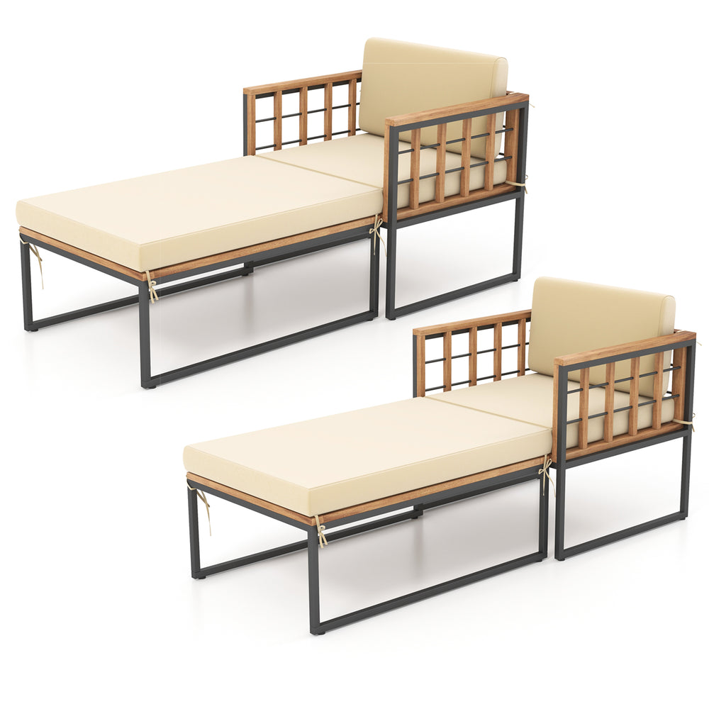 Patio acacia wood armchair with long ottoman and soft seat back cushions, ideal for backyard or poolside relaxation.