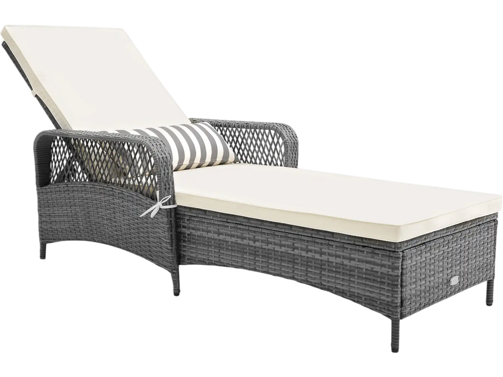 Gray PE rattan outdoor chaise lounge chair with 6-level backrest, removable cushions, and widened armrests for comfort.