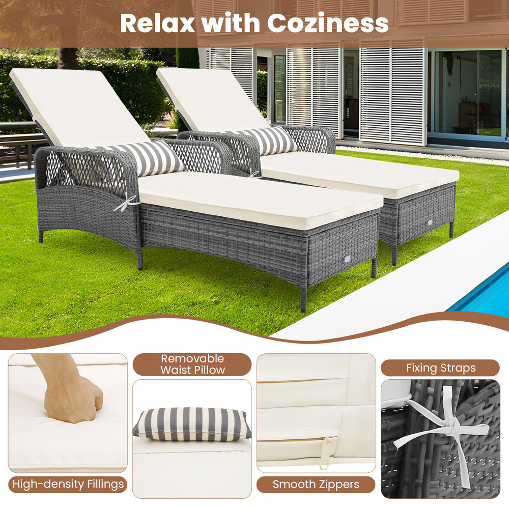 Outdoor chaise lounge chair recliner with gray PE rattan, removable cushions, and 6-level adjustable backrest for.