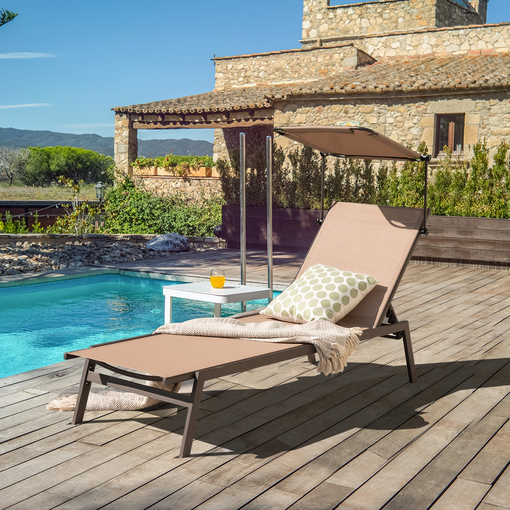 Brown outdoor chaise lounge chair with adjustable sunshade, 6-position backrest, and sturdy metal frame by the poolside.
