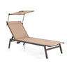 Brown outdoor chaise lounge chair showcasing a 6-position adjustable backrest and sunshade, ideal for garden use.