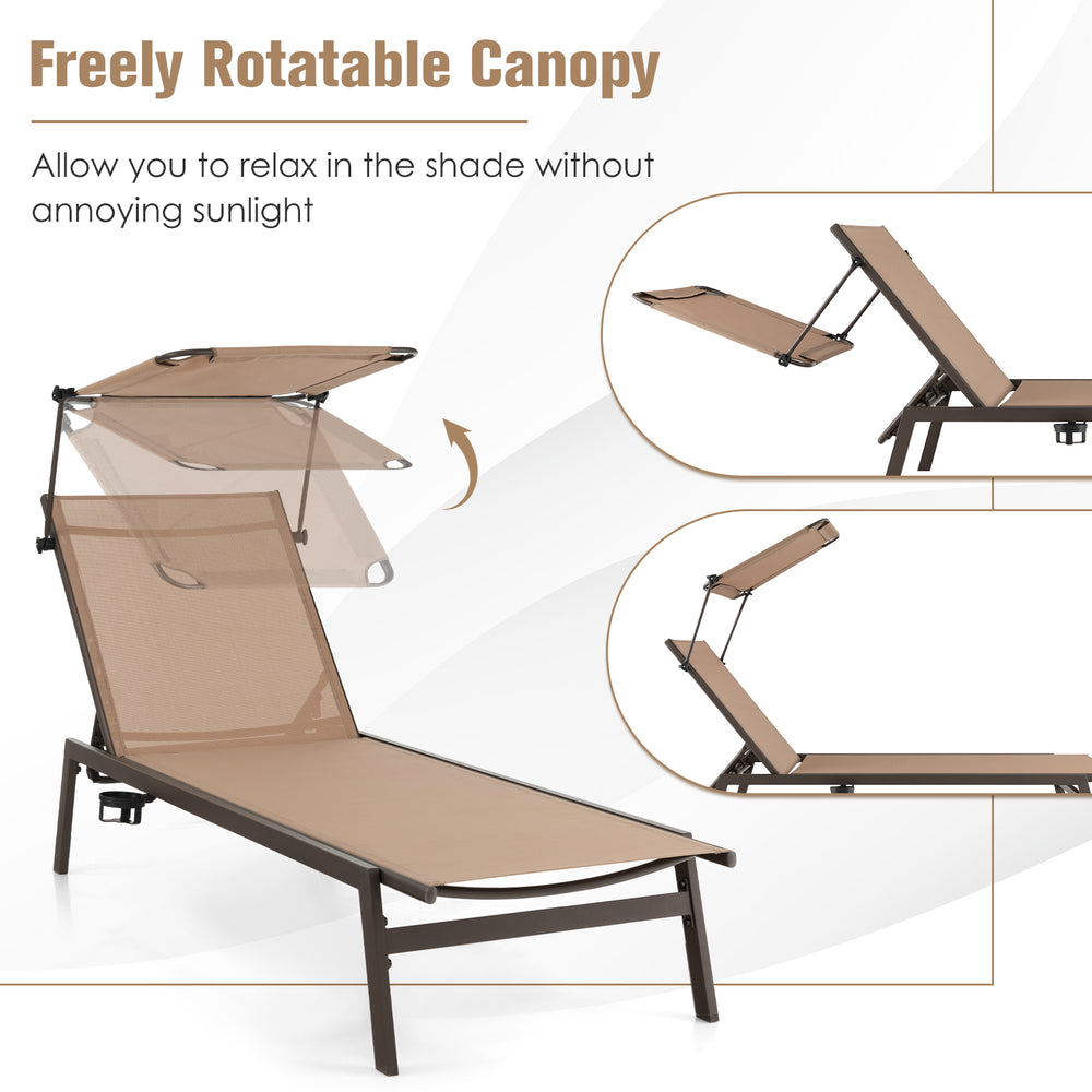 Outdoor chaise lounge chair in brown with adjustable sunshade, 6 backrest positions, and sturdy metal frame for.