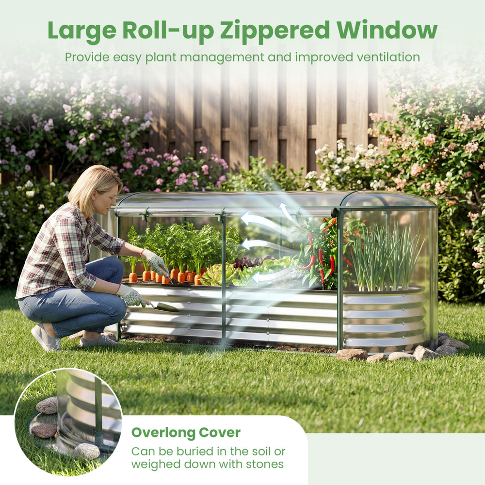 Outdoor color steel raised garden bed with greenhouse cover and roll-up window, ideal for year-round plant protection.