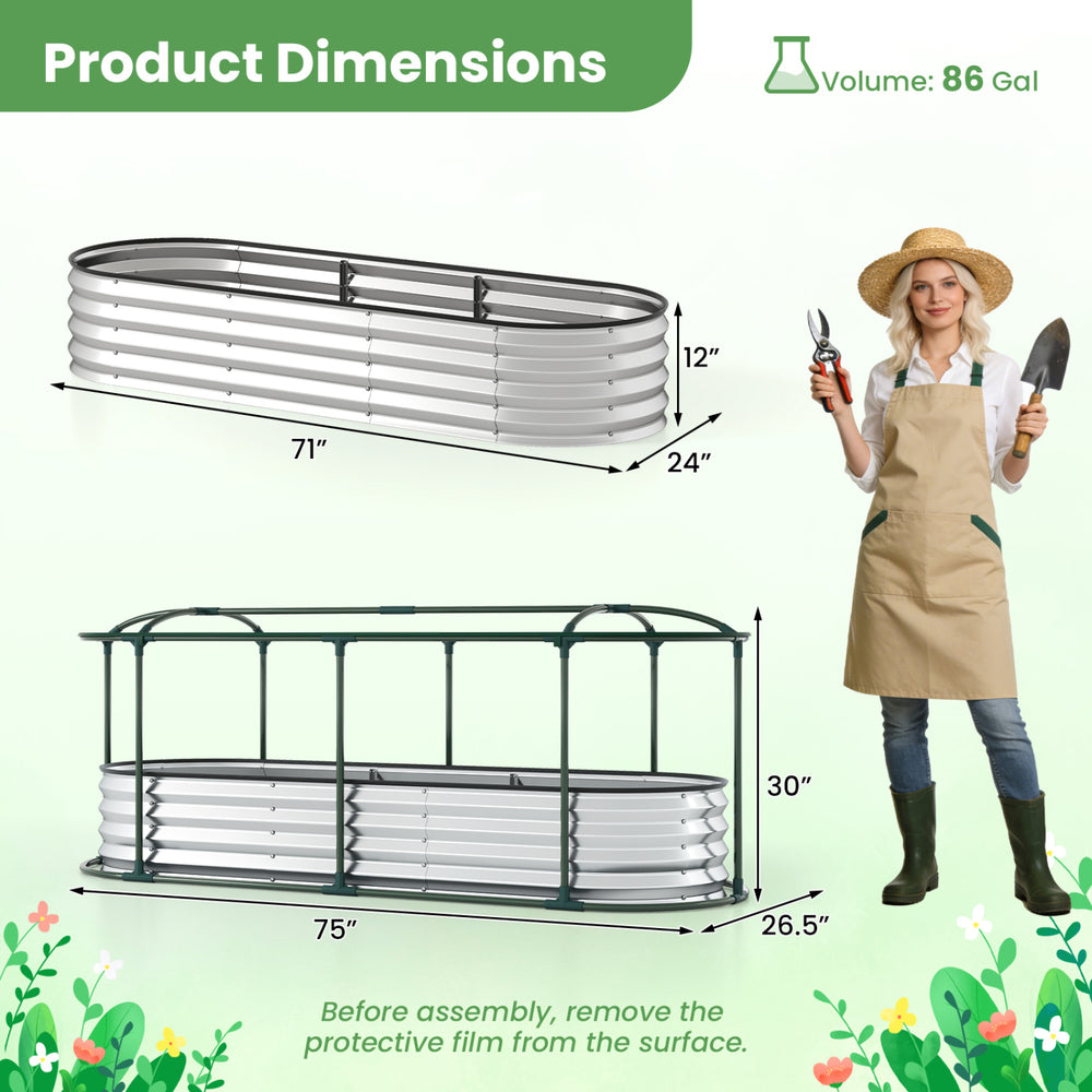 Outdoor color steel raised garden bed with greenhouse cover, dimensions 71" x 24" x 30", ideal for seasonal planting.