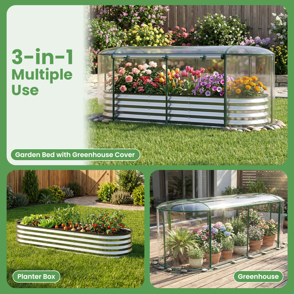 Outdoor color steel raised garden bed with greenhouse cover, featuring a roll-up window for versatile planting options.