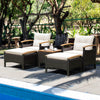 5-piece patio conversation set featuring acacia wood and PE rattan, with cushions, ideal for poolside relaxation.