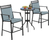 Two outdoor counter stools with armrests and footrests in blue, perfect for cafes and balconies by the pool.