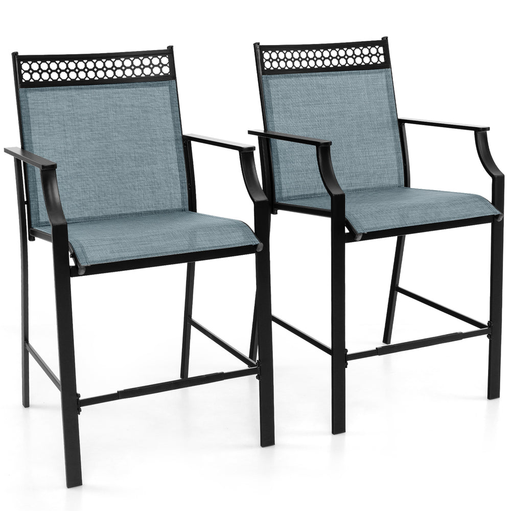 Set of 2 outdoor counter stools with blue fabric seats, metal frame, armrests, and footrest for comfort and support.