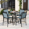 Outdoor counter stools set of 2 with blue fabric, metal frame, and footrest, perfect for cafes and balconies.