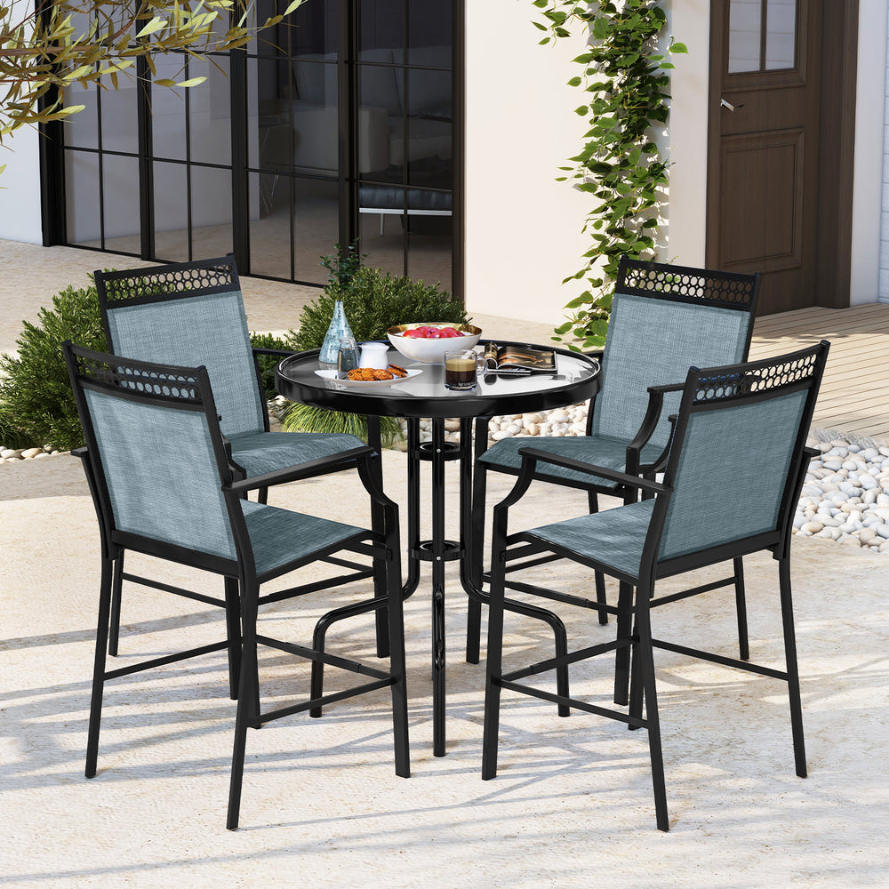 Outdoor counter stools set of 2 with blue fabric, metal frame, and footrest, perfect for cafes and balconies.