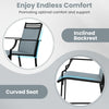 Curved seat and inclined backrest detail of outdoor counter stools set, designed for comfort and support at cafes or.