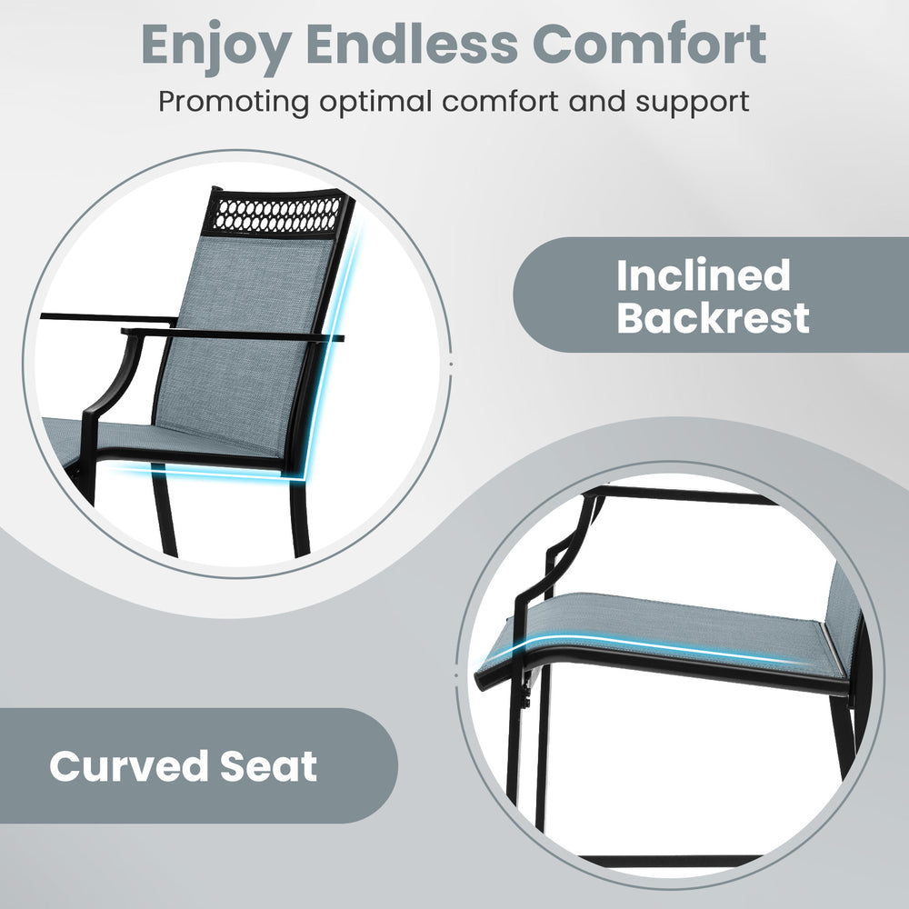 Curved seat and inclined backrest detail of outdoor counter stools set, designed for comfort and support at cafes or.