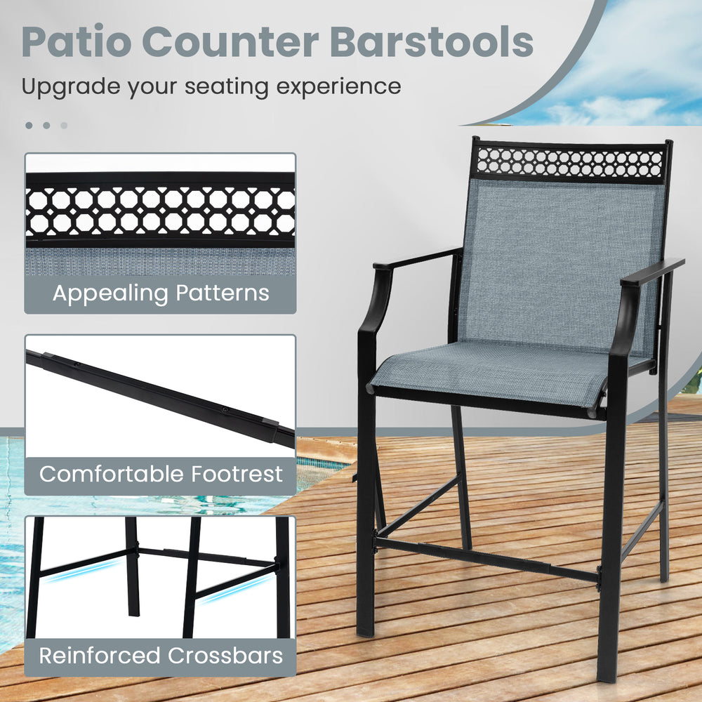 Outdoor counter barstool with blue fabric, metal frame, footrest, and armrests, ideal for cafes and balconies.