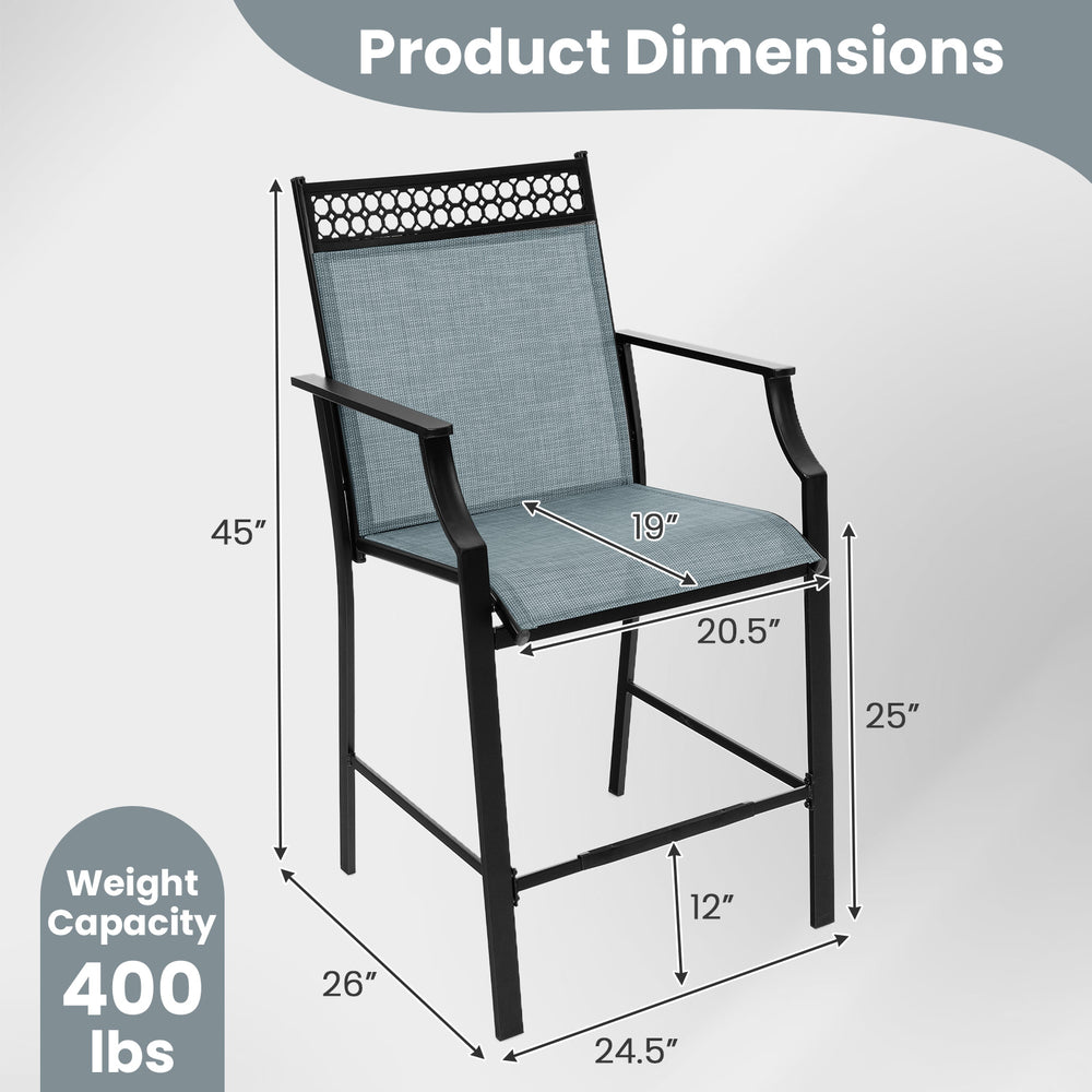 Outdoor counter stool dimensions showing a heavy-duty metal frame, blue fabric, and 400 lbs weight capacity for cafes.