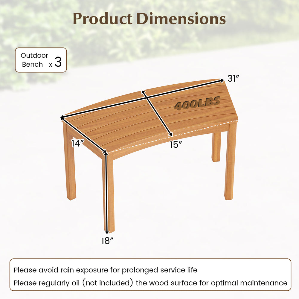Curved acacia wood bench dimensions with slatted seat design, suitable for porch or patio, supports up to 400 lbs.