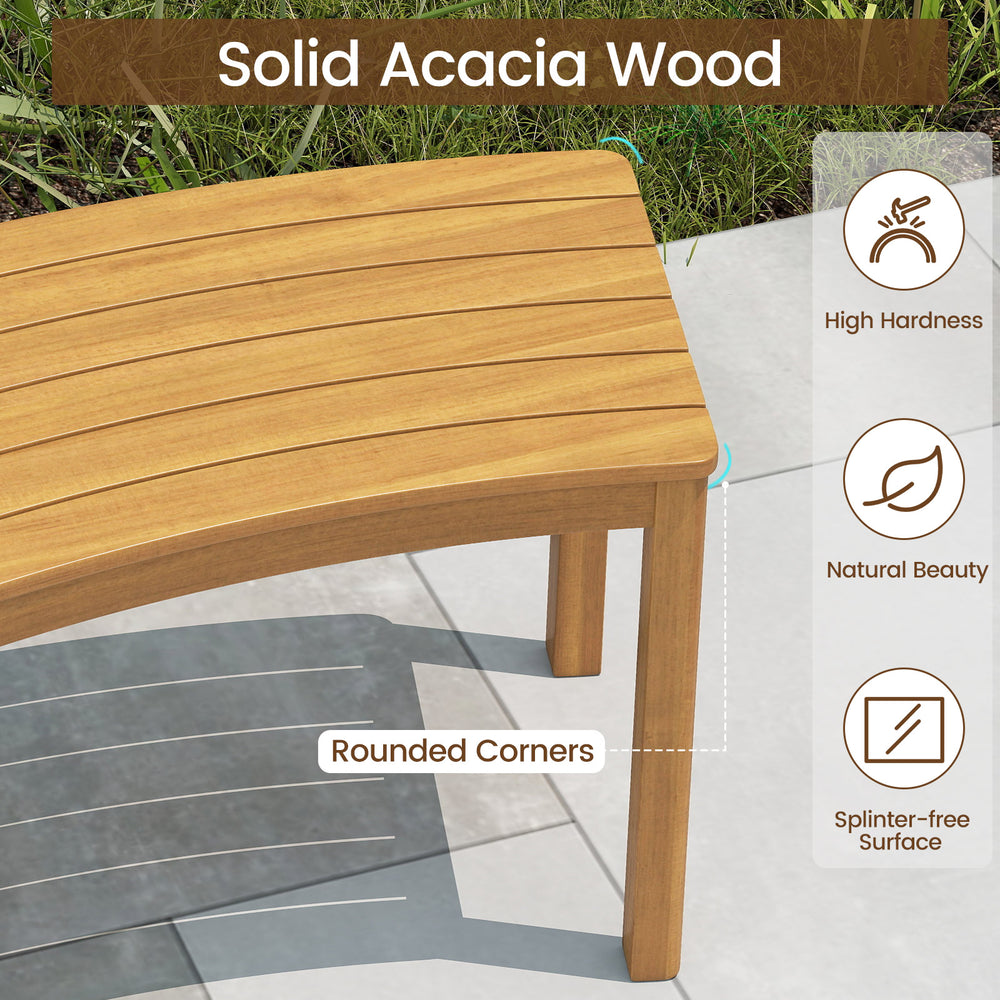 Curved acacia wood bench with rounded corners, splinter-free surface, perfect for outdoor porch or patio use.