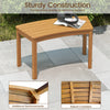 Curved acacia wood bench with slatted seat and smooth surface, ideal for outdoor porch or patio use.