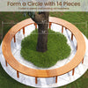 Curved acacia wood bench set for outdoor use, featuring a smooth surface and slatted design for airflow around a fire.