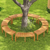 Curved set of 7 acacia wood outdoor benches arranged in a circle, perfect for garden gatherings and leisure.