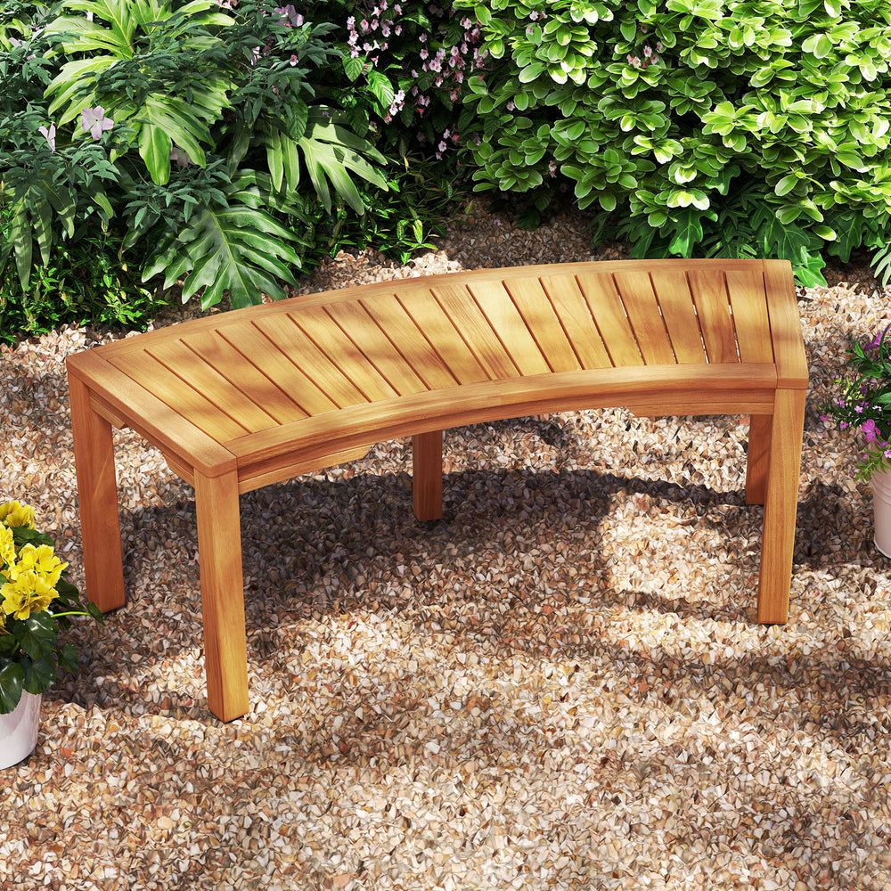 Curved acacia wood garden bench for 2, showcasing a smooth surface and elegant design, perfect for outdoor spaces.
