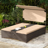 Outdoor daybed with adjustable backrests in brown PE rattan, featuring a sun-protective canopy and built-in tabletops.