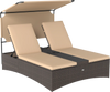Outdoor daybed with adjustable backrests in brown PE rattan, featuring a sun-protective canopy and cup holders for.