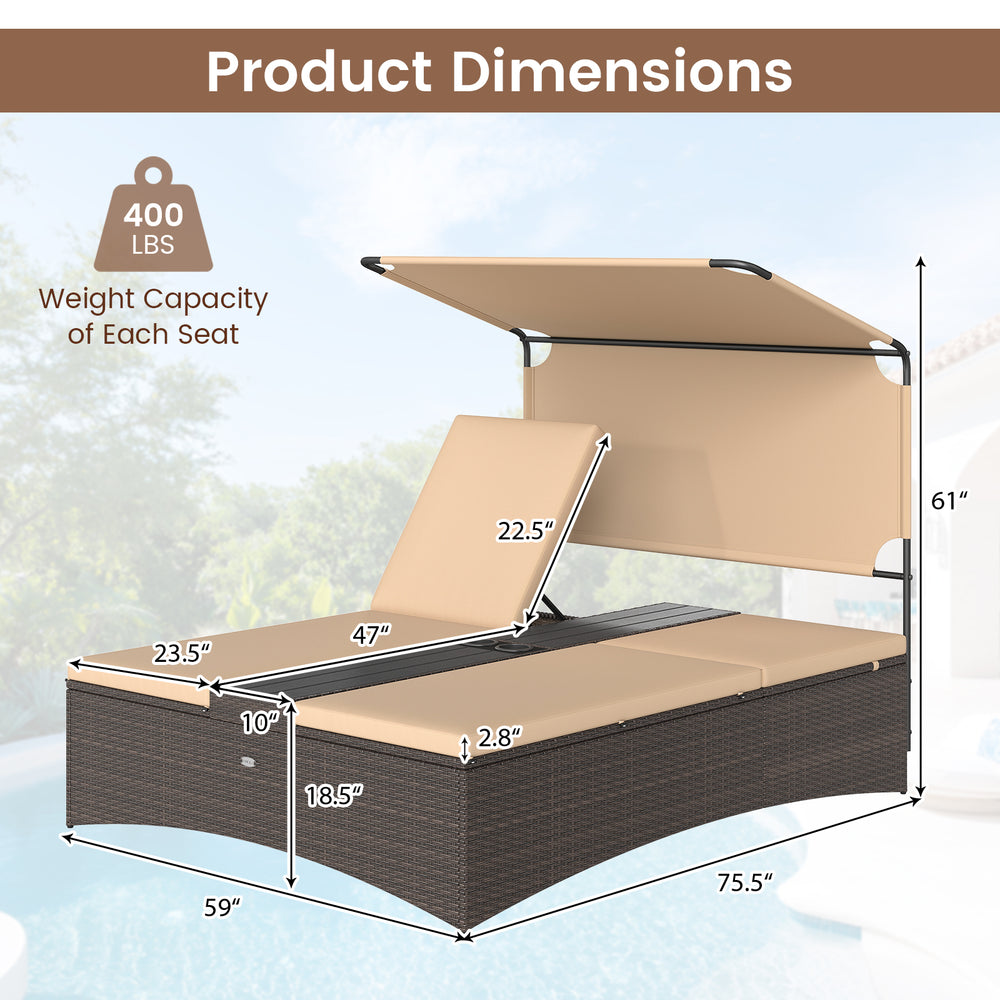 Dimensions of the Outdoor Daybed with Adjustable Backrests, featuring a sturdy PE rattan frame and sun-protective.