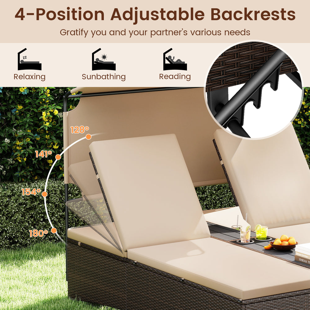 Adjustable backrests of the brown outdoor daybed with PE rattan, ideal for sunbathing, reading, or relaxing.