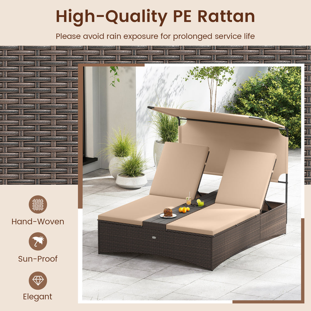 Outdoor daybed with adjustable backrests, hand-woven PE rattan, and sun-proof canopy for patio relaxation.