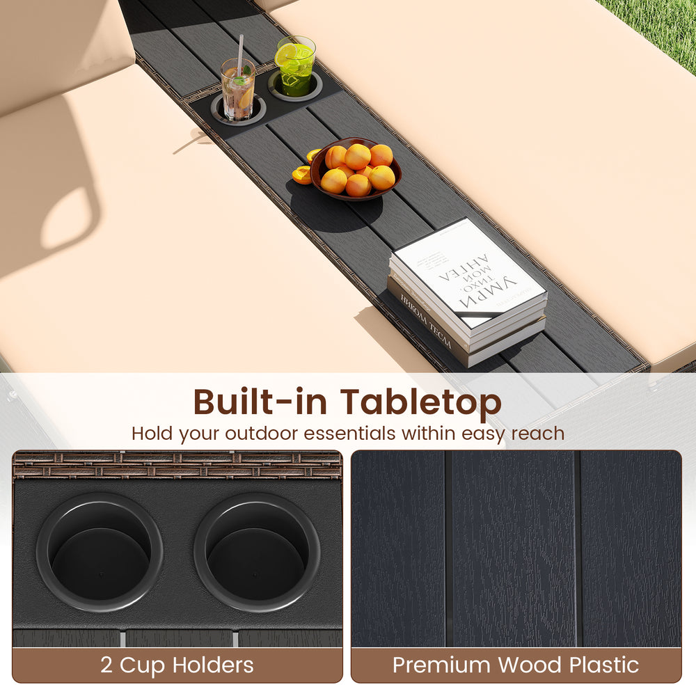Outdoor daybed with built-in tabletop and two cup holders, featuring brown PE rattan for patio relaxation.