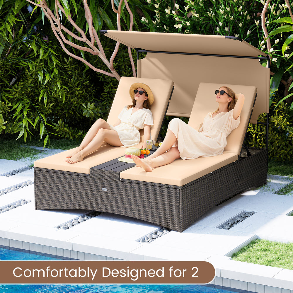 Outdoor daybed for 2 with adjustable backrests, soft cushions, and sun-protective canopy, perfect for patio relaxation.