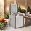 Outdoor deck box in gray with lid, made of waterproof PP material, doubles as a side table for patio convenience.