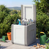 Outdoor deck box in gray with lid, made of waterproof PP material, ideal for storing garden supplies on patios.