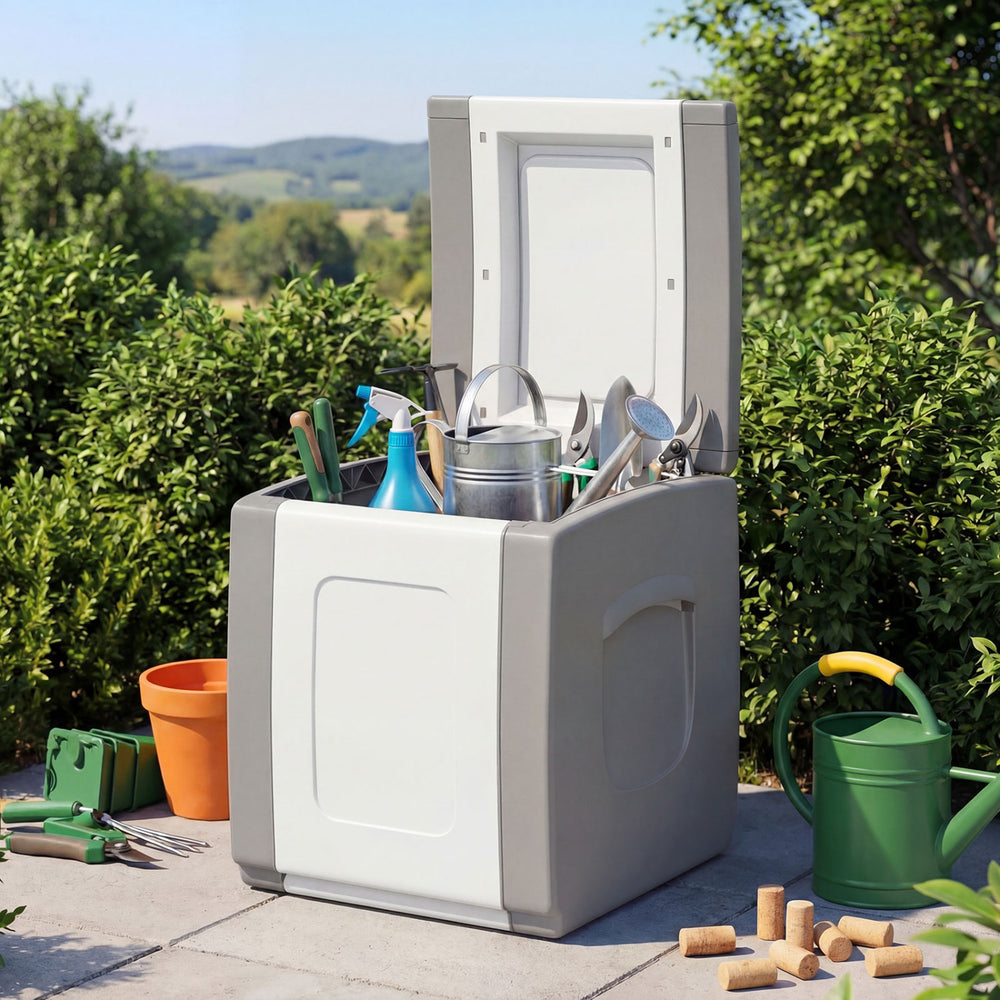 Outdoor deck box in gray with lid, made of waterproof PP material, ideal for storing garden supplies on patios.