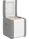 Gray outdoor deck box with lid, waterproof PP material, large capacity for storage, doubles as a side table.