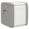 Gray outdoor deck box with lid, waterproof PP material, large capacity, stylish dual-tone design, ideal for patio use.