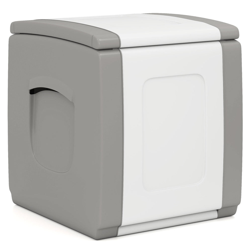 Gray outdoor deck box with lid, waterproof PP material, large capacity, stylish dual-tone design, ideal for patio use.
