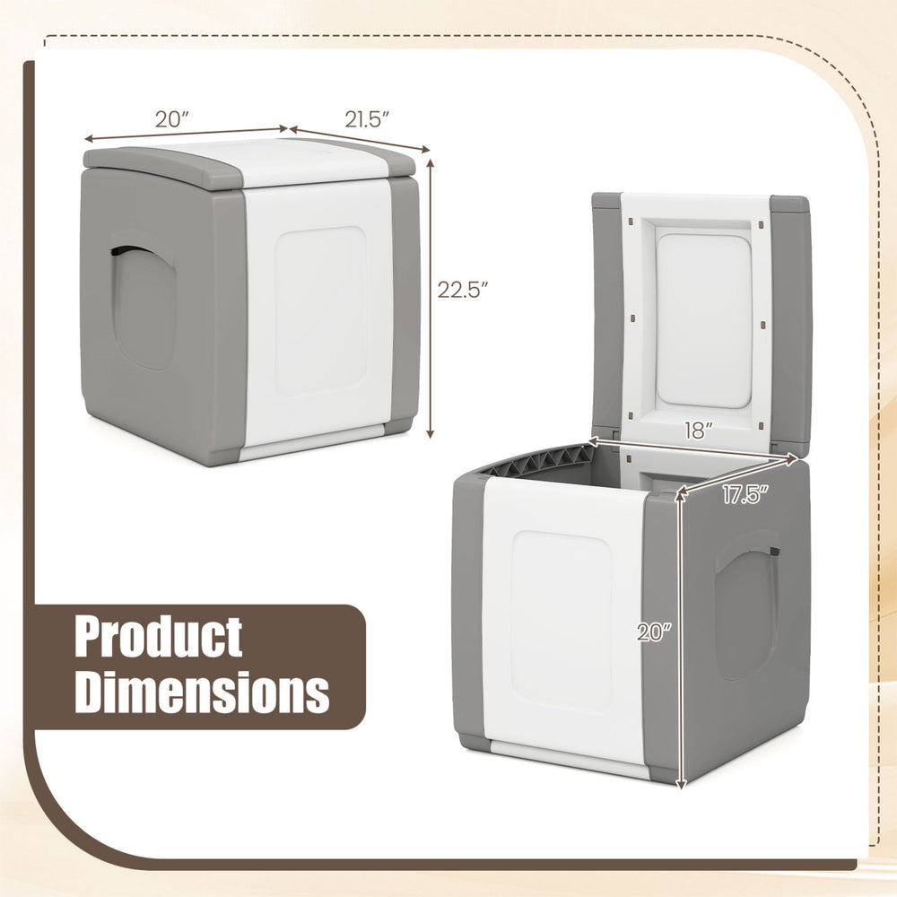 Outdoor deck box with lid in gray, showcasing dimensions and dual-tone design for stylish outdoor storage.