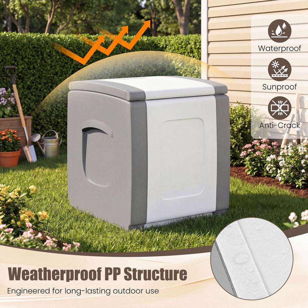 Gray outdoor deck box with lid, made of waterproof PP material, ideal for garden storage and doubles as a side table.