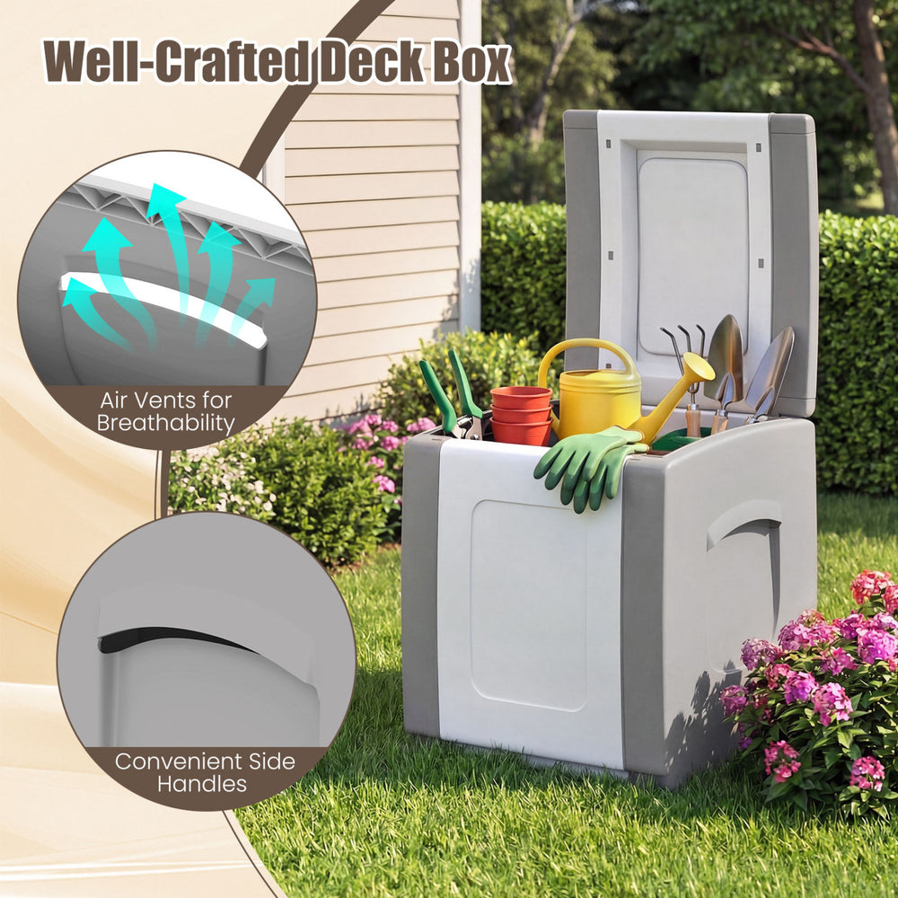 Outdoor deck box in gray with lid, featuring air vents and side handles, ideal for storing garden supplies.