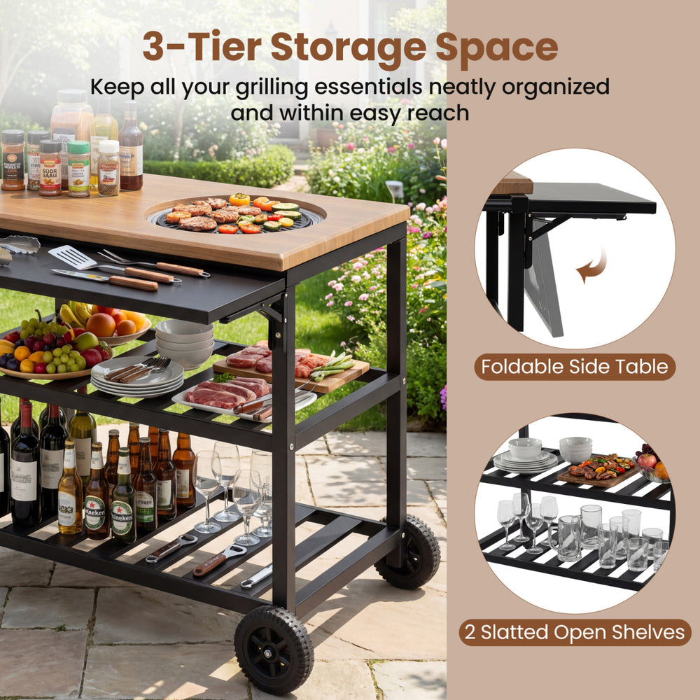 Outdoor dining cart with BBQ grill, featuring a spacious countertop, foldable side panel, and 2 slatted open shelves.