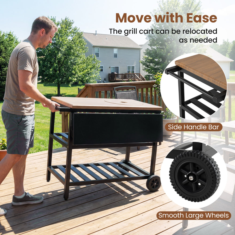 Outdoor dining cart with BBQ grill, featuring a spacious countertop, adjustable vents, and smooth large wheels for easy.