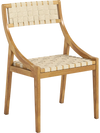 Outdoor dining chair with natural teak wood, webbing seat, and backrest, designed for comfort and style.