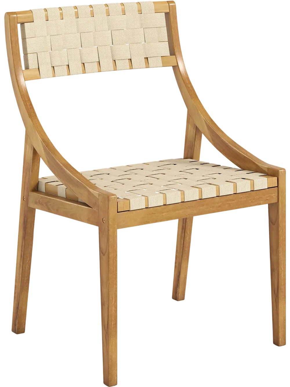 Outdoor dining chair with natural teak wood, webbing seat, and backrest, designed for comfort and style.