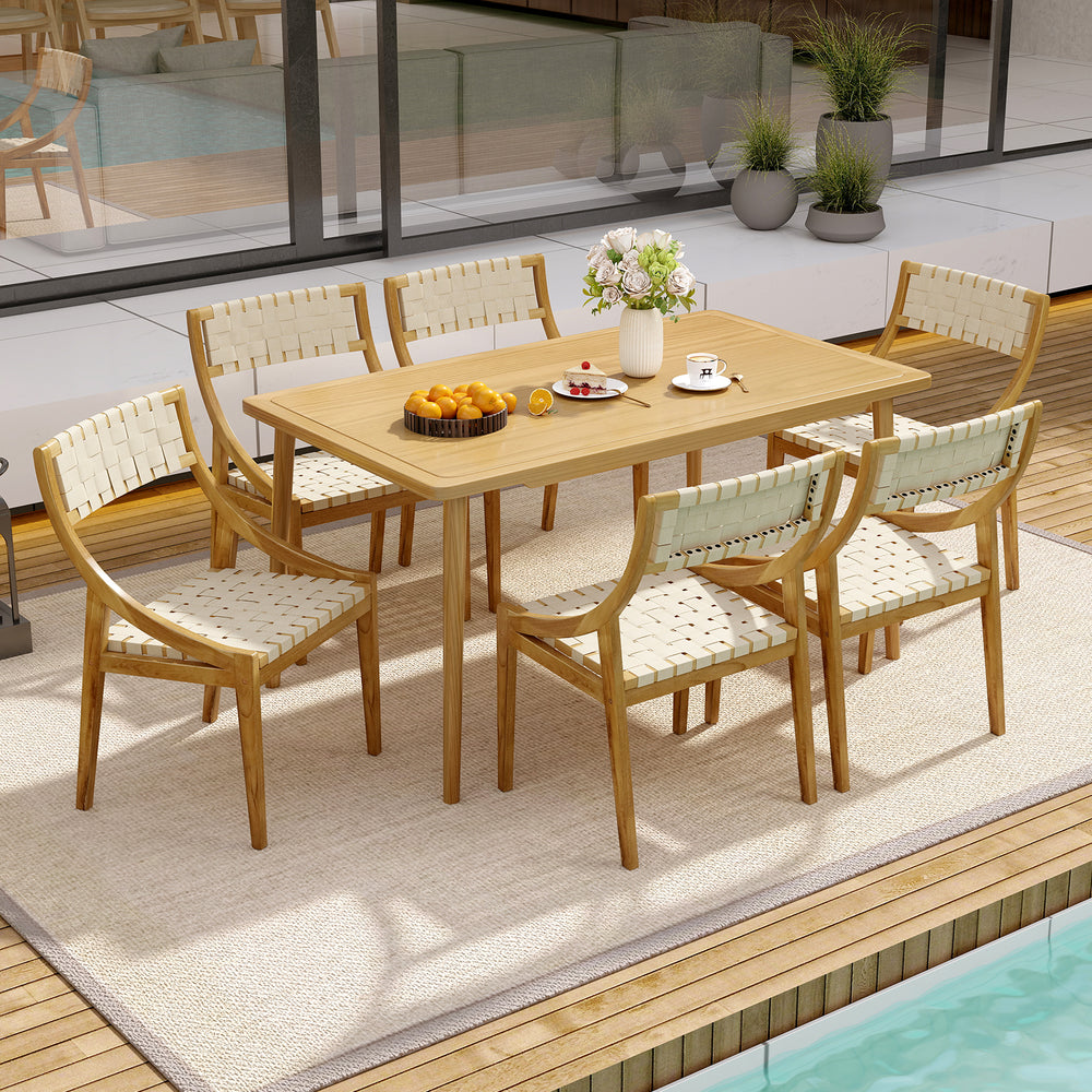 Outdoor dining set featuring six ergonomic teak wood chairs with webbing seats, perfect for stylish outdoor gatherings.
