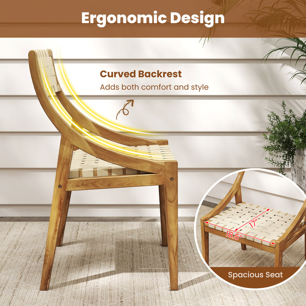 Outdoor dining chair with ergonomic curved backrest and webbing seat, made of solid teak wood for indoor and outdoor.