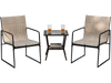 Two brown outdoor dining chairs with breathable seats and a small table, perfect for patio relaxation.