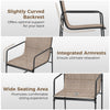 Slightly curved backrest and wide seating area of brown outdoor dining chair set, perfect for patio relaxation.